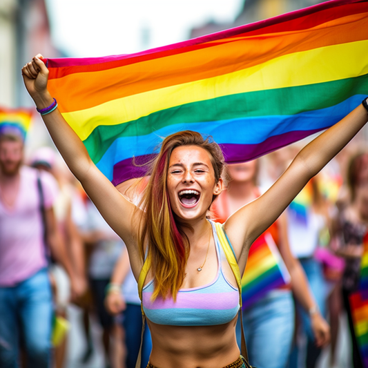 Junge Frau mit Regenbogenfahne auf CSD