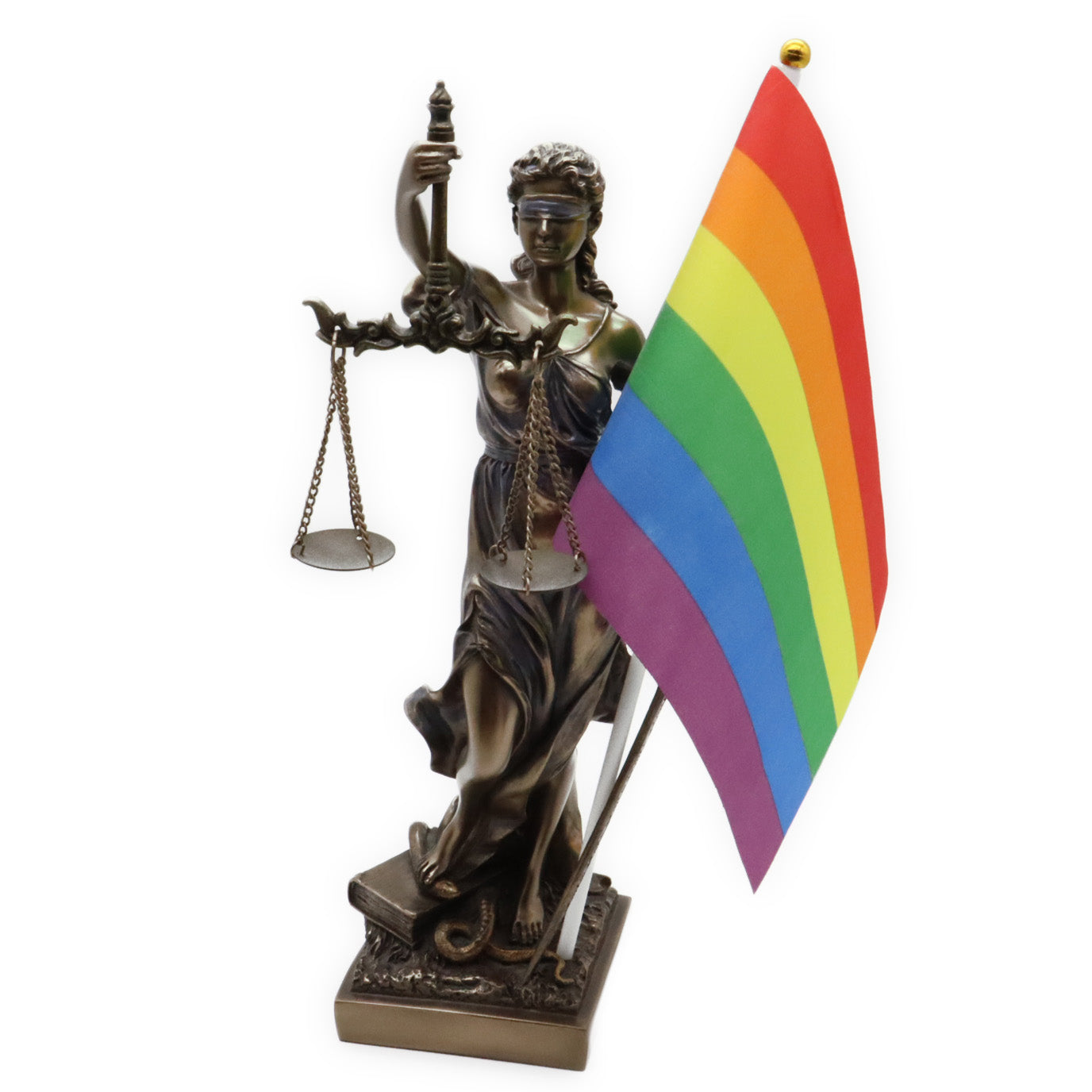 Pride-Minifähnchen (Rainbow Classic) mit Justitia (Dekorationsbeispiel)